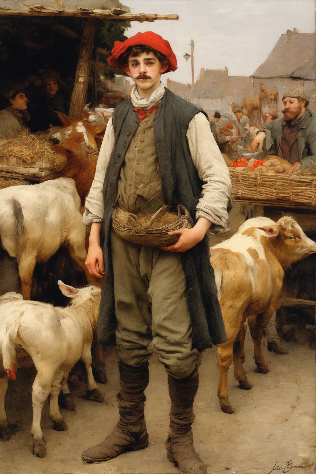 00591-1295530955-Jules Bastien-Lepage Style - young irishman celtic midieval merchant with red moustache selling his farm animals at a market.png